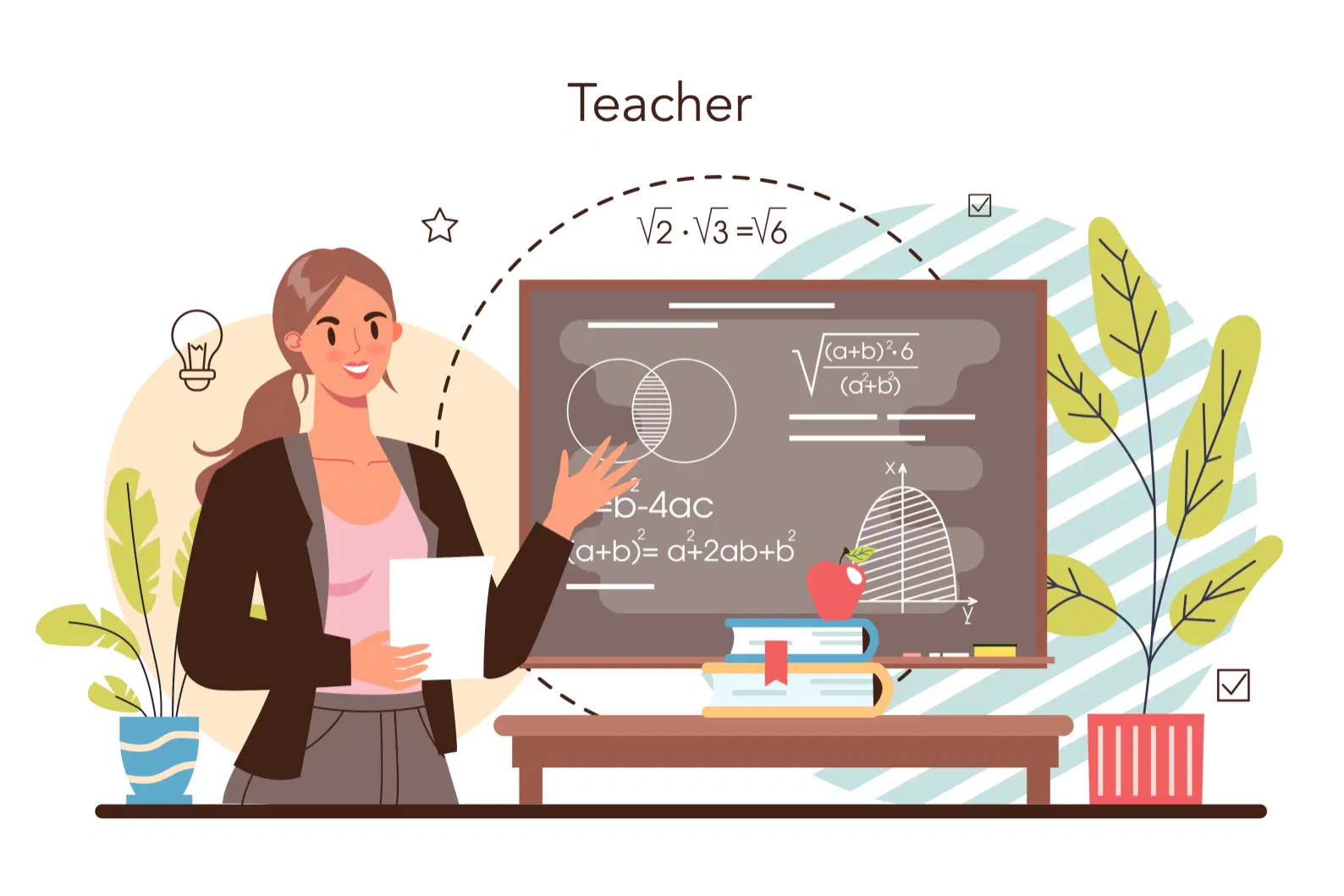 Teacher with blackboard showing mathematical equations and diagrams