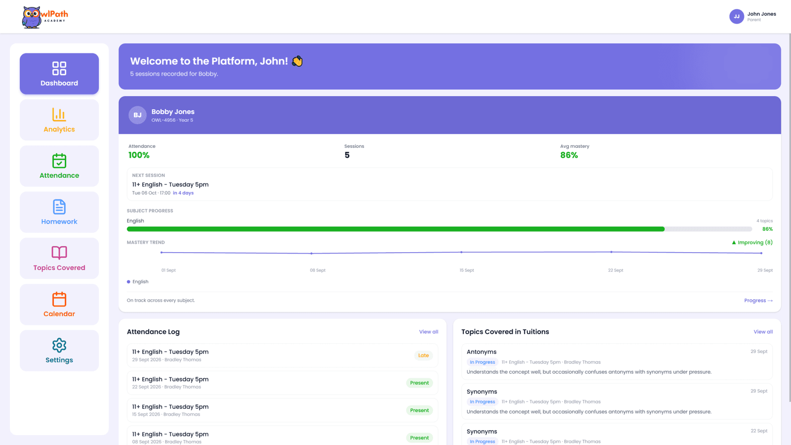 Owlpath Parent Dashboard Overview