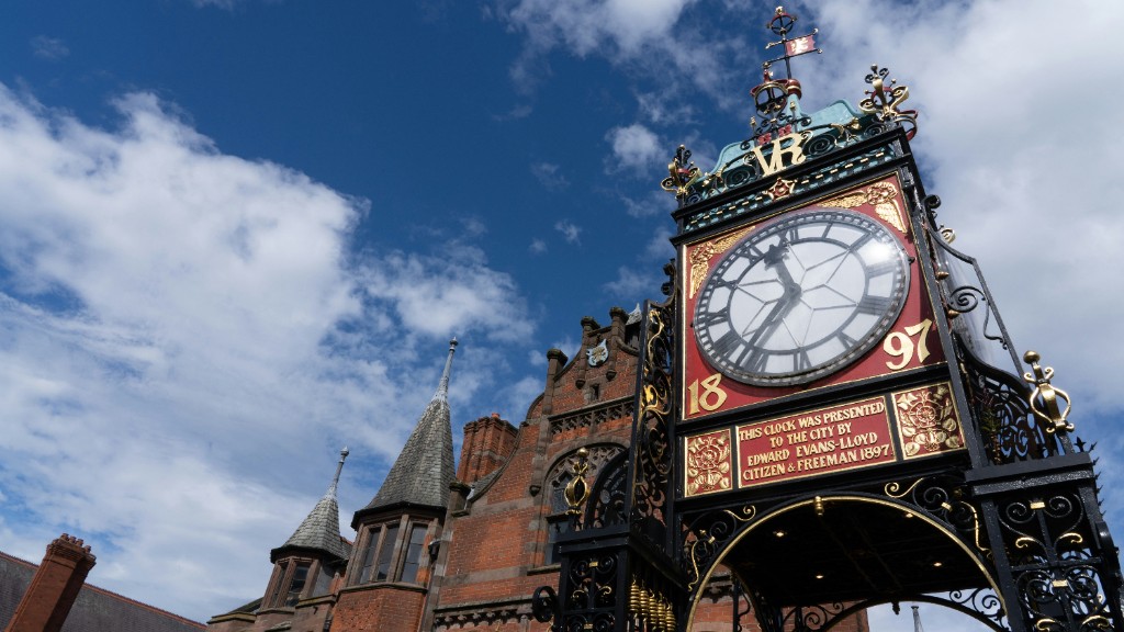 The historic Eastgate Clock in Chester with Victorian architecture against a blue sky